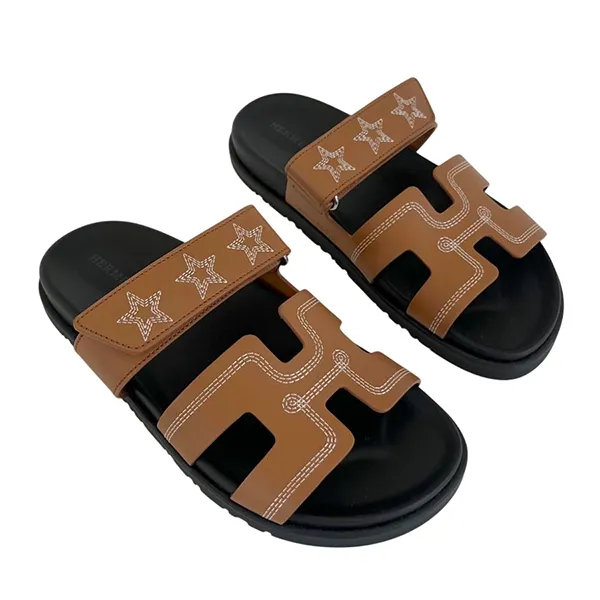 Dép Nữ Hermès Embroidered Chypre Caramel Sandals Màu Nâu Đen Size 37