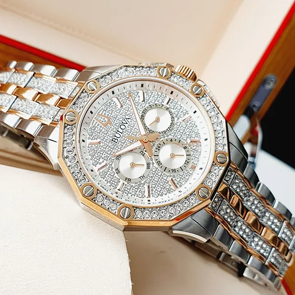Đồng Hồ Nam Bulova Crystal Watch 98C133 Màu Bạc Phối Vàng Hồng