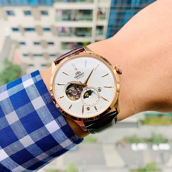 Đồng Hồ Nam Orient Sun And Moon Bambino RA-AS0102S10B 41.5mm Màu Nâu Trắng