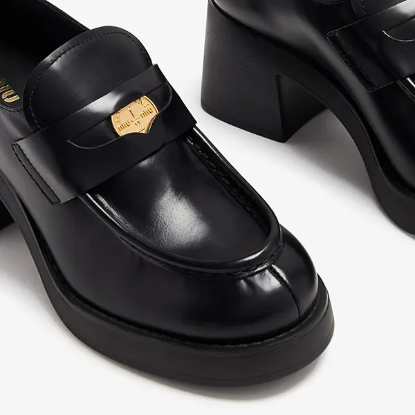 Giày Cao Gót Nữ Miu Miu Leather Penny Loafers Màu Đen 35.5
