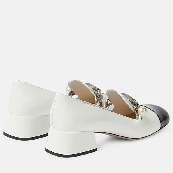 Giày Cao Gót Nữ Miu Miu Embellished Leather Loafer Pumps Màu Trắng Đen Size 35.5