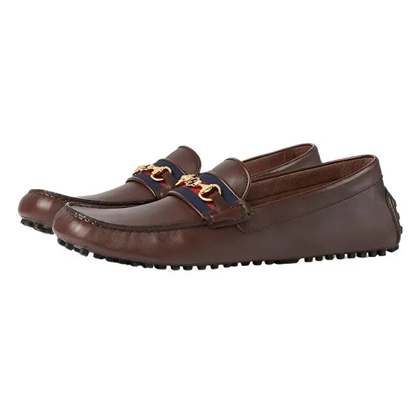 Giày Lười Nam Gucci Moccasin Driver With Web Coaco Leather 624698 Màu Nâu Size 41