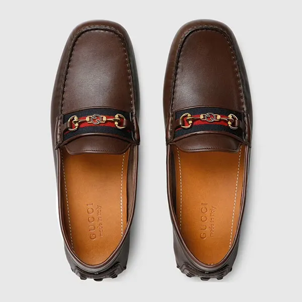 Giày Lười Nam Gucci Moccasin Driver With Web Coaco Leather 624698 Màu Nâu Size 41