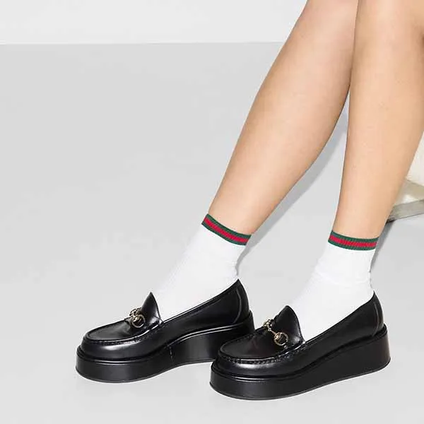 Giày Lười Nữ Gucci Women's Horsebit Wedge Loafer 794317 AADO0 1000 Cao 6cm Màu Đen Size 35.5