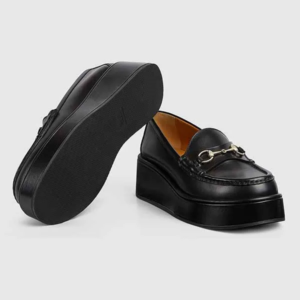 Giày Lười Nữ Gucci Women's Horsebit Wedge Loafer 794317 AADO0 1000 Cao 6cm Màu Đen Size 35.5