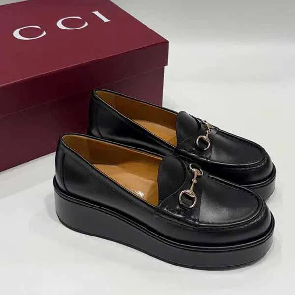 Giày Lười Nữ Gucci Women's Horsebit Wedge Loafer 794317 AADO0 1000 Cao 6cm Màu Đen Size 35.5