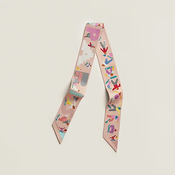 Khăn Lụa Nữ Hermès Figures Libres Twilly Rose Poudre / Bleu / Multicolore Màu Hồng