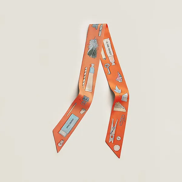 Khăn Lụa Nữ Hermès In The Pocket Twilly Abricot / Vert Amande / Jaune Pale Màu Cam