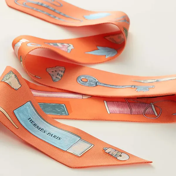 Khăn Lụa Nữ Hermès In The Pocket Twilly Abricot / Vert Amande / Jaune Pale Màu Cam