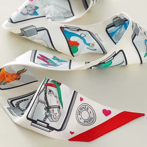 Khăn Lụa Nữ Hermès Story Twilly Màu Trắng