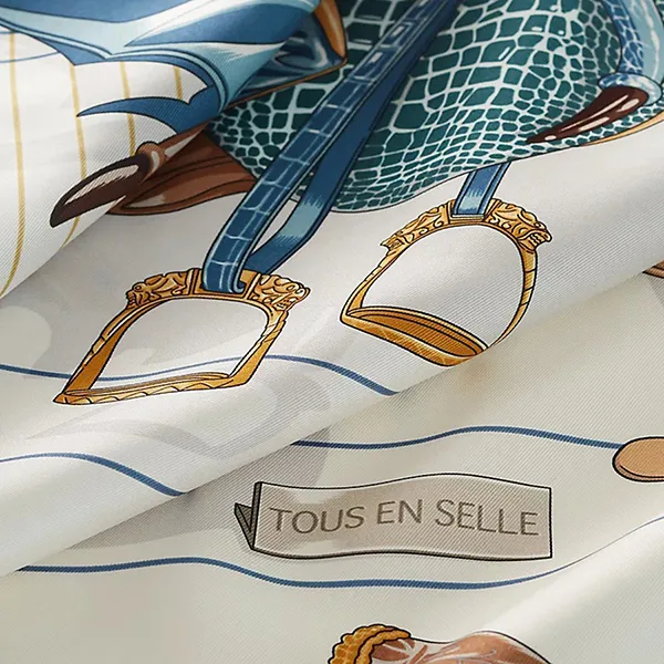 Khăn Nữ Hermès Tous En Selle Scarf 90 Gris Bleuté/ Blanc/ Beige Doré Màu Kem Xanh - Thời trang - Vua Hàng Hiệu