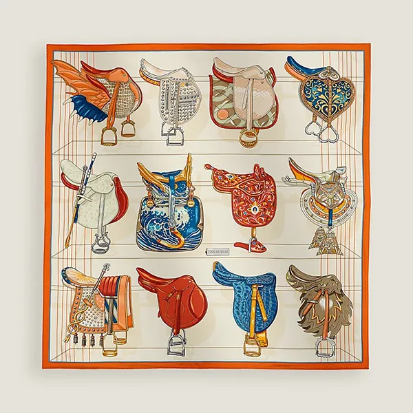 Khăn Nữ Hermès Tous En Selle Scarf 90 Orange Cuit /Crème /Bleu Màu Kem Cam - Thời trang - Vua Hàng Hiệu