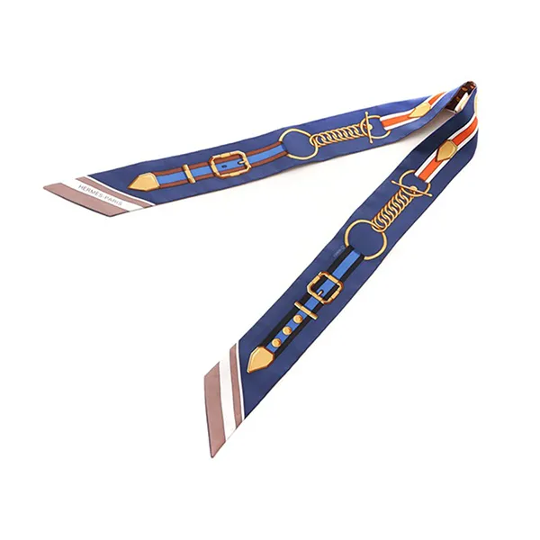 Khăn Nữ Hermès Twilly Silk Grand Tralala Marron Glace/Marine/Gold Màu Xanh