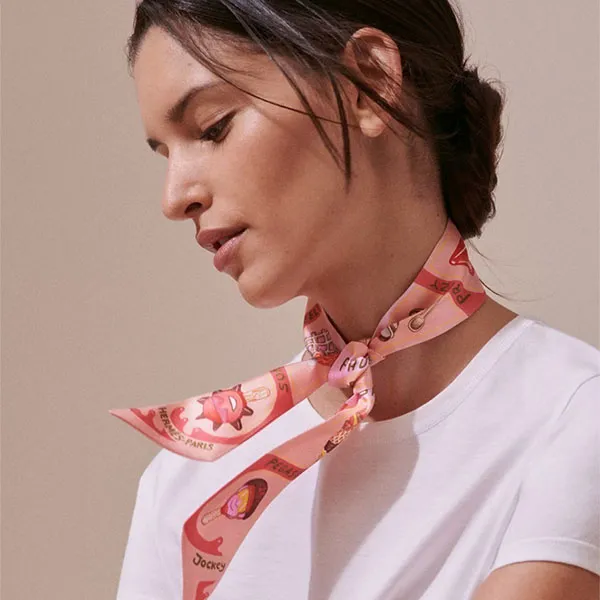 Khăn Lụa Nữ Hermès Funny Ice Cream Twilly Màu Hồng