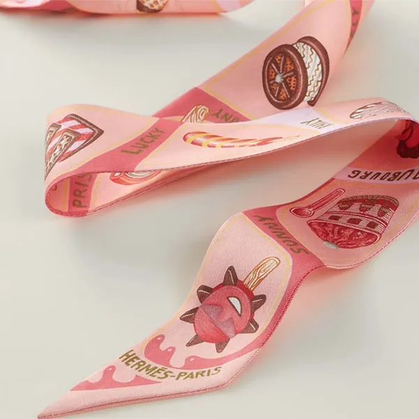 Khăn Lụa Nữ Hermès Funny Ice Cream Twilly Màu Hồng