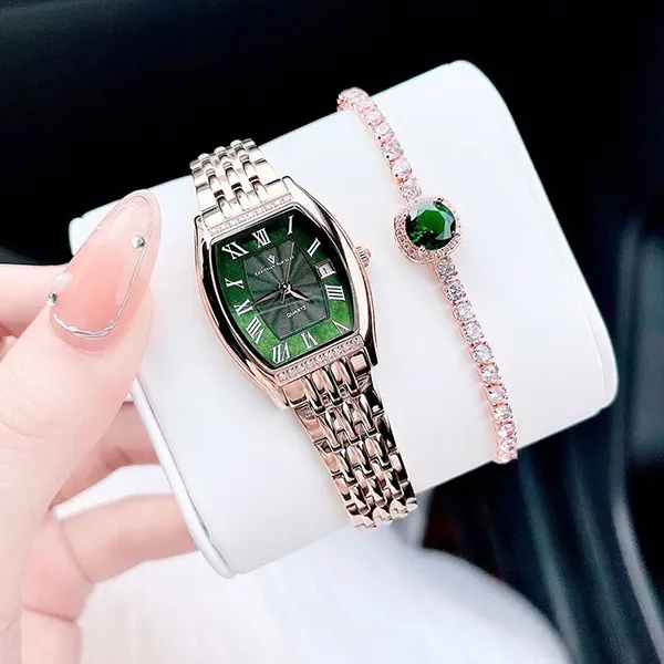 Set Đồng Hồ + Vòng Đeo Tay Nữ Christian Van Sant Green Dial Ladies Watch Màu Vàng Hồng D-DY,