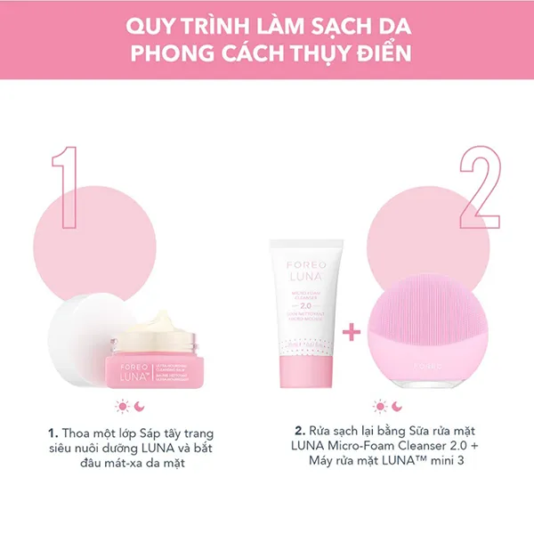 Set Máy Rửa Mặt Foreo 3 Món (Luna Mini 3 Hồng Nhạt + Sữa Rửa Mặt 20ml + Sáp Tẩy Trang 15ml)