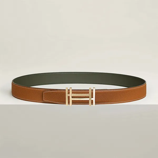 Thắt Lưng Nam Hermès H Au Carre Belt Gold Buckle & Reversible Leather Strap 32mm Màu Xanh Nâu Size 85
