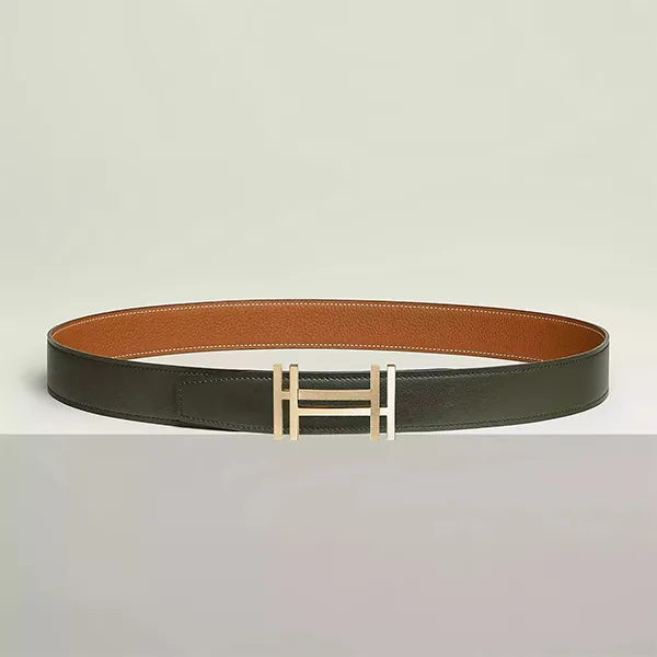 Thắt Lưng Nam Hermès H Au Carre Belt Gold Buckle & Reversible Leather Strap 32mm Màu Xanh Nâu Size 85