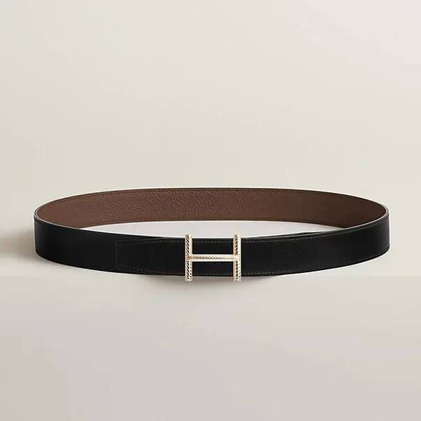Thắt Lưng Nam Hermès Hisseo Belt Buckle & Reversible Leather Strap 32mm Màu Đen/ Chocolate (Logo Vàng) Size 80