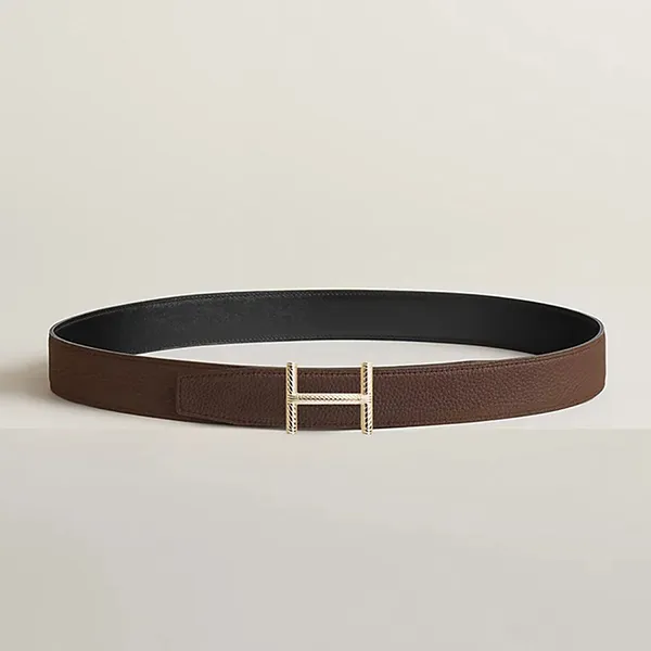 Thắt Lưng Nam Hermès Hisseo Belt Buckle & Reversible Leather Strap 32mm Màu Đen/ Chocolate (Logo Vàng) Size 80
