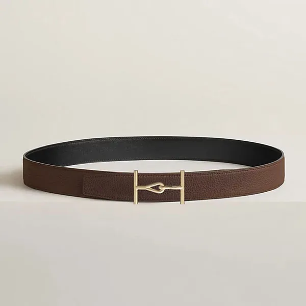 Thắt Lưng Nam Hermès Jumbo Belt Buckle & Reversible Leather Strap 32mm Nâu Đen Size 85 (Mặt Khoá Vàng)