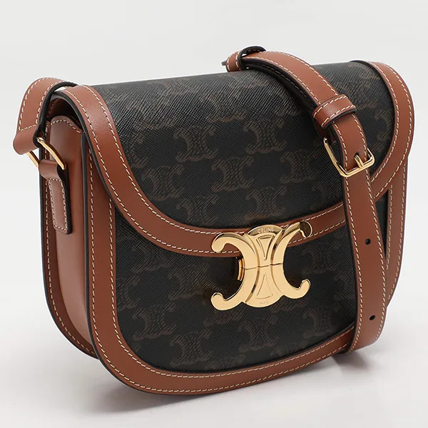 Túi Đeo Chéo Nữ Celine Brown Coated Canvas And Leather Triomphe Teen Crossbody Bag Màu Nâu Đen - Túi xách - Vua Hàng Hiệu