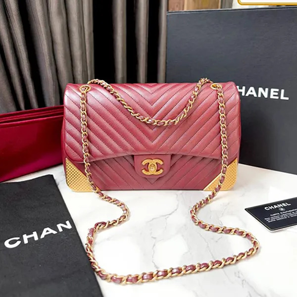 Túi Đeo Chéo Nữ Chanel Red Calfskin Chevron Quilted Rock The Corner Flap Bag Màu Đỏ Vàng - Túi xách - Vua Hàng Hiệu
