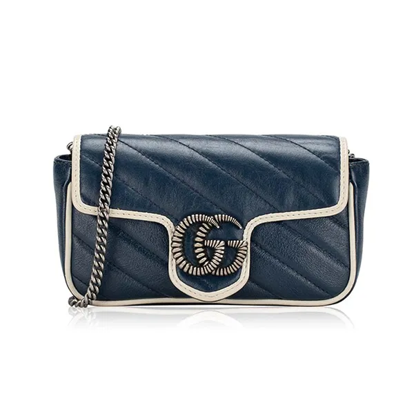 Túi Đeo Chéo Nữ Gucci Vintage Effect Calfskin GG Marmont Matelasse Diagonal Super Mini Shoulder Bag Blue Agate Màu Xanh