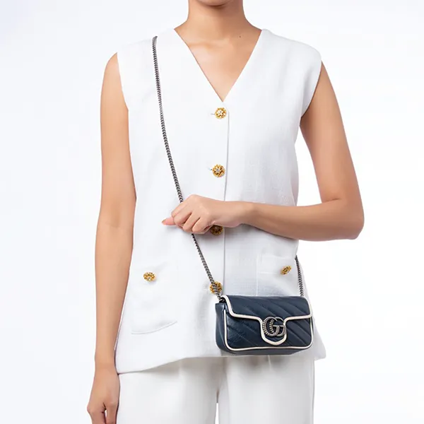 Túi Đeo Chéo Nữ Gucci Vintage Effect Calfskin GG Marmont Matelasse Diagonal Super Mini Shoulder Bag Blue Agate Màu Xanh