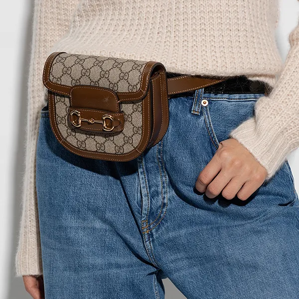 Túi Đeo Hông Gucci Horsebit 1955 GG Canvas Rounded Belt Bag Màu Nâu