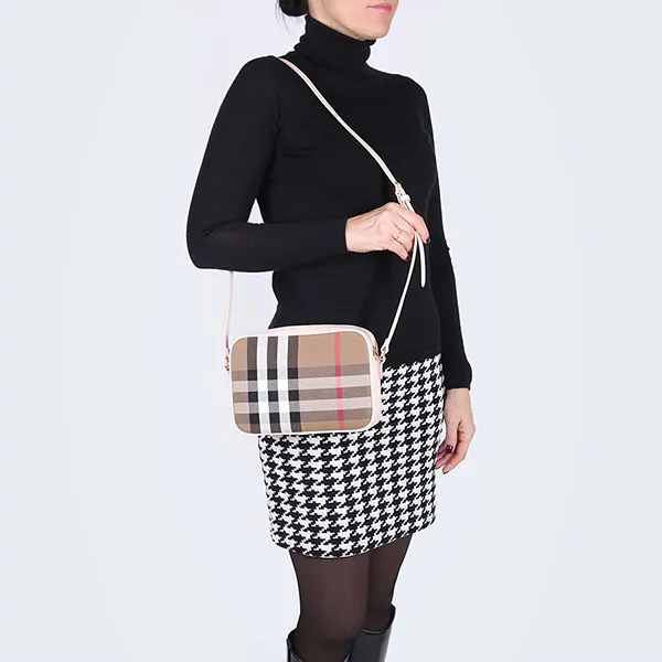 Túi Đeo Vai Nữ Burberry Check & Leather Camera Bag Pale Cameo Phối Màu - Túi xách - Vua Hàng Hiệu