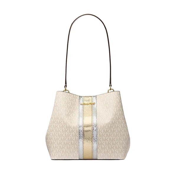 Túi Đeo Vai Nữ Michael Kors MK Pratt Medium Signature Logo And Metallic Shoulder Bag 35F4G3FS2B Màu Trắng Kem