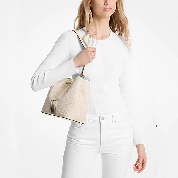 Túi Đeo Vai Nữ Michael Kors MK Pratt Medium Signature Logo And Metallic Shoulder Bag 35F4G3FS2B Màu Trắng Kem