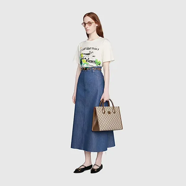 Túi Tote Nữ Gucci GG Supreme Small Tote Bag Màu Nâu Be Size 31