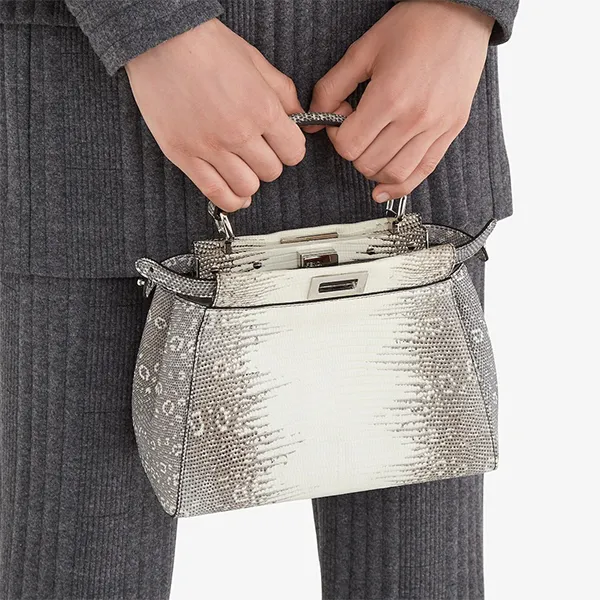 Túi Xách Tay Nữ Fendi Peekaboo Himalaya Lizard Leather Bag Màu Xám