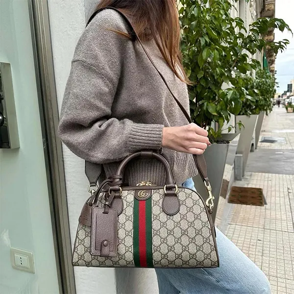 Túi Xách Tay Nữ Gucci Ophidia Medium GG Top Handle Bag Màu Be Nâu