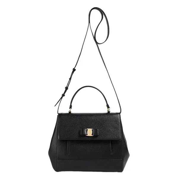 Túi Xách Tay Nữ Salvatore Ferragamo Bow-Detailed Pebbled-Leather Màu Đen - Túi xách - Vua Hàng Hiệu