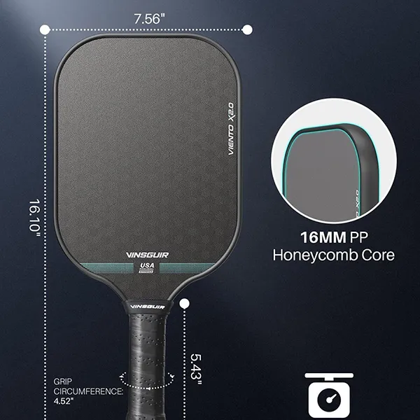 ‎Vợt Pickleball Vinsguir Viento X2.0 16mm-CAS-High Grit & Spin Màu Đen - Pickleball - Vua Hàng Hiệu