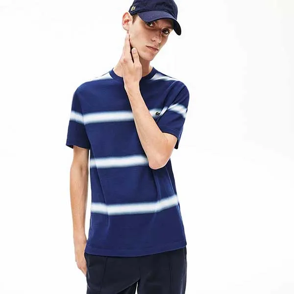 Áo Phông Nam Lacoste Crew Neck Striped Tshirt TH5065 H6B Màu Xanh Navy Size 3