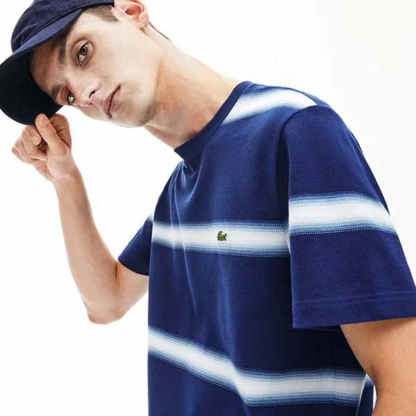 Áo Phông Nam Lacoste Crew Neck Striped Tshirt TH5065 H6B Màu Xanh Navy Size 3