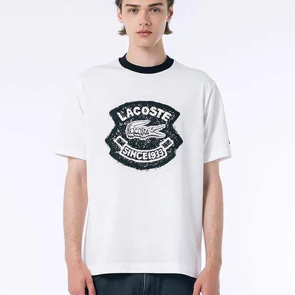 Áo Phông Nam Lacoste Men's Casual Vintage Print Ringer Tshirt TH9388-99-70V Màu Trắng Size 4