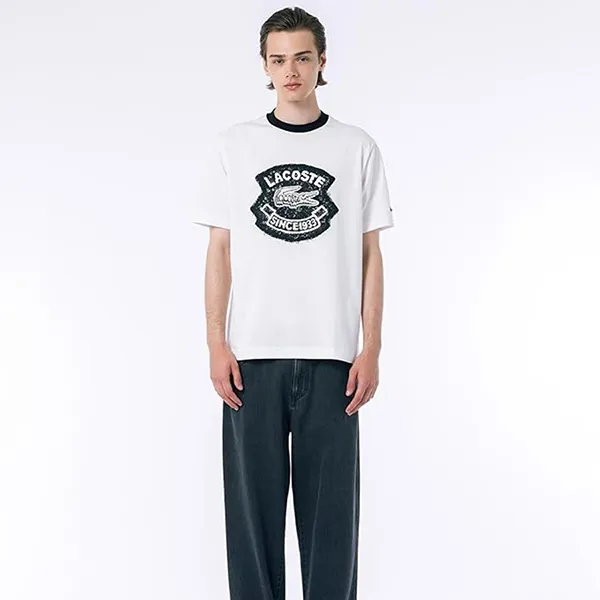 Áo Phông Nam Lacoste Men's Casual Vintage Print Ringer Tshirt TH9388-99-70V Màu Trắng Size 4
