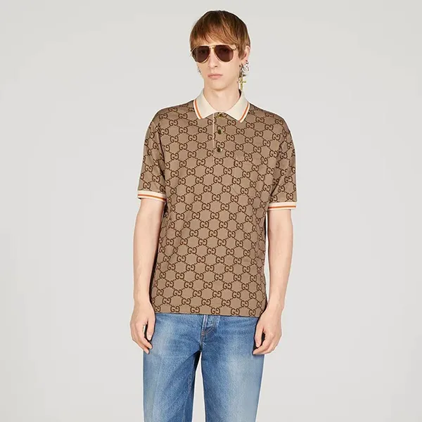 Áo Polo Nam Gucci Shirt 742384 Màu Nâu Họa Tiết Size XS (Form To)