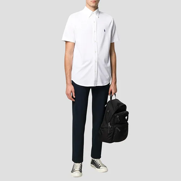 Áo Sơ Mi Cộc Tay Nam Ralph Lauren Featherweight Mesh White With Logo 710798291 002 Màu Trắng Size S