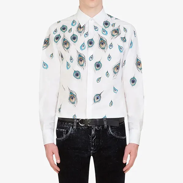 Áo Sơ Mi Nam Dolce & Gabbana D&G Peacock print White G5GB3T HP58V Màu Trắng Họa Tiết Size 41