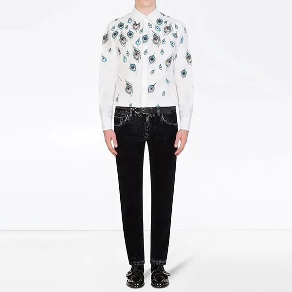 Áo Sơ Mi Nam Dolce & Gabbana D&G Peacock print White G5GB3T HP58V Màu Trắng Họa Tiết Size 41