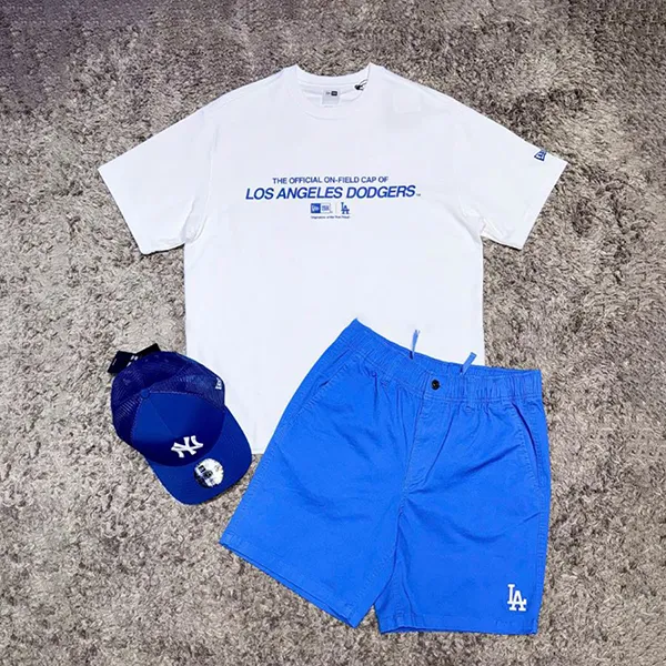 Bộ Thể Thao Nam MLB LA Dodgers Uncle Sam White/ Blue Short Basic Small Logo Màu Trắng Xanh Size S