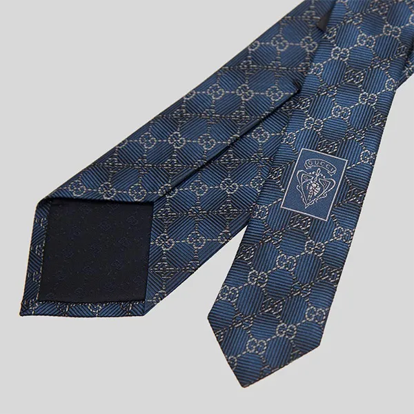 Cà Vạt Nam Gucci Signature Logo GGWEB Silk Tie Wire Blue 408869 Màu Xanh
