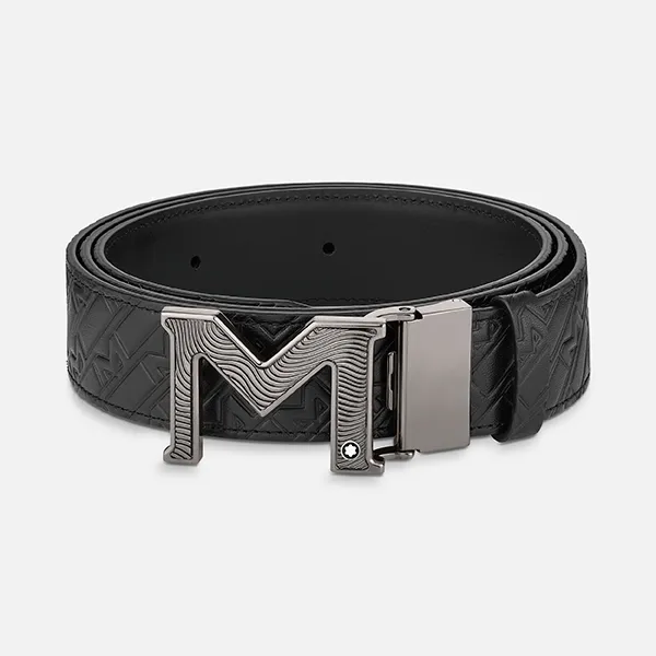 Thắt Lưng Nam Montblanc M Buckle Embossed Plain Black Reversible 3.5cm Leather Belt MB129447 Màu Đen - Thắt lưng - Vua Hàng Hiệu